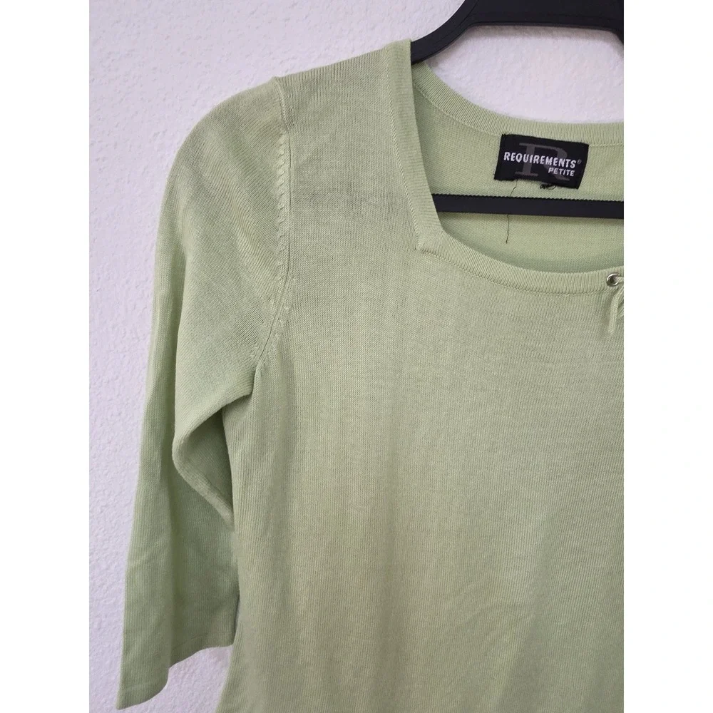 Requirements Petite Sweater 3/4 Sleeve Round Neck Light Green Solid Pullover Bow